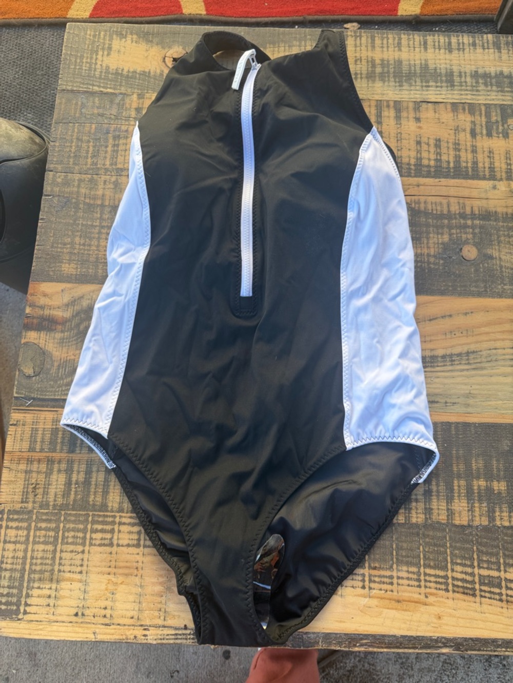 Fabletics Black and White Zip-Front One-Piece Swimsuit
